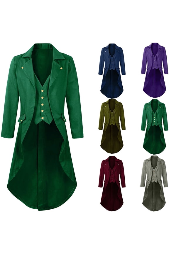 Green Steampunk Tailcoat for Men Medieval Halloween Costumes, Renaissance Pirate Formal Gothic Long Button Jackets Vintage Warlock Frock Long Sleeve Coat Outerwear Jacket