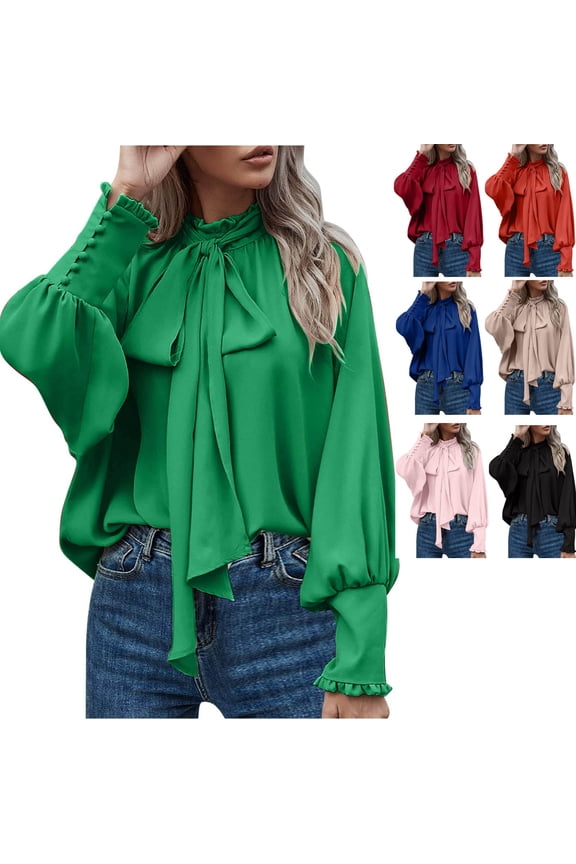 Green Women's Bow Tie Neck Tops Silk Long Sleeve Buttton Cuff Blouse Pullover Losse Casual Office Work Blouse Solid Color Elegant Tops