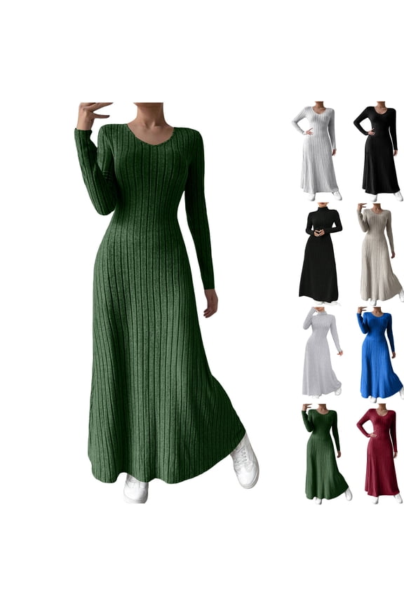 Green Women's Sweater Maxi Dresses U Neck Cable Knitted Long Sleeve Solid Color Long Dresses Fall Winter Stretch Fashion Stylish Casual A Line Dresses , for S to Xl