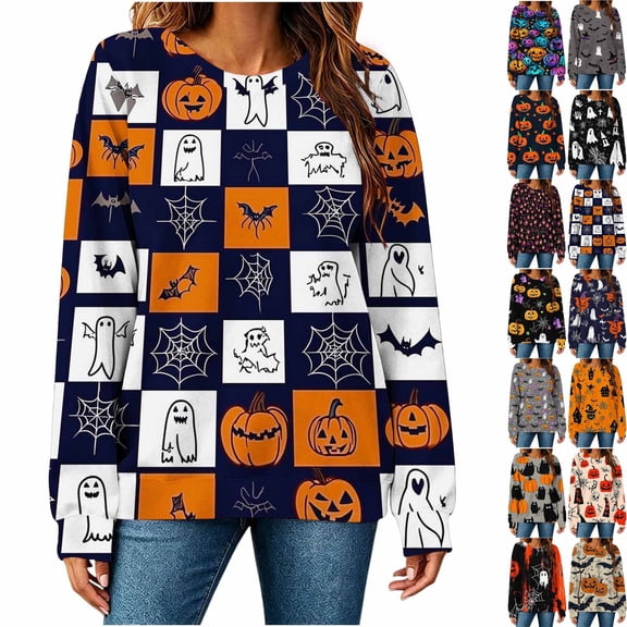 Teyfeniy Halloween Print Shirts for Women Long Sleeve Loose Pullover Casual Crew Neck Tops Fashion Fall Winter T-Shirts Comfy Stylish Graphic Tees Blouses Halloween Gifts