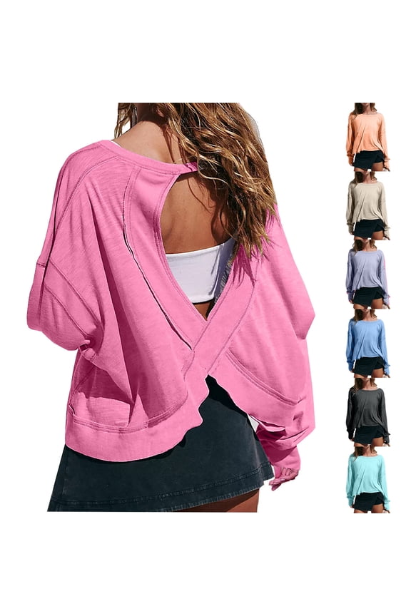 Teyfeniy Hot Pink Women's Open Back Tops Athletic Shirts Long Sleeve Loose Workout Backless Tee Running Crop Yoga Top Gym Dance Blouses