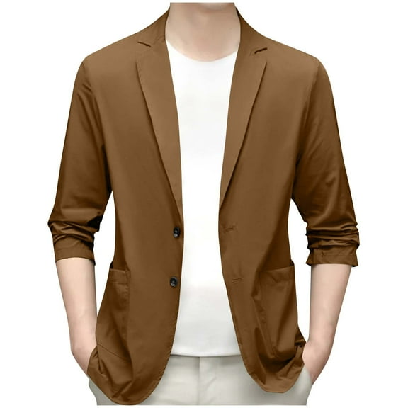 Teyfeniy Khaki Men's Elegant Blazer Jacket Solid Color Long Sleeve Button Slim Lightweight Business Sport Coat Casual Fashion Lapel Jackets