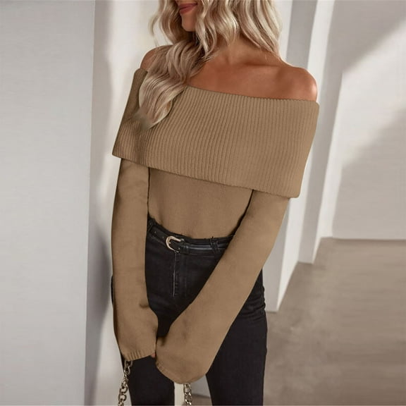 Teyfeniy Khaki Off The Shoulder Sweater for Women Cable Knit Long Sleeve Cute Pullover Fashion Solid Color Soft Fall Winter Comfy Casual Stylish Sweater Tops for Women