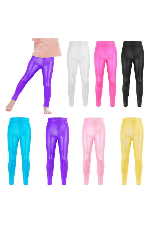 Kids Girls Faux Leather Leggings Stretchy Long Pants Dancing Workout Athletic Breathable Solid Color High Waist Leggings