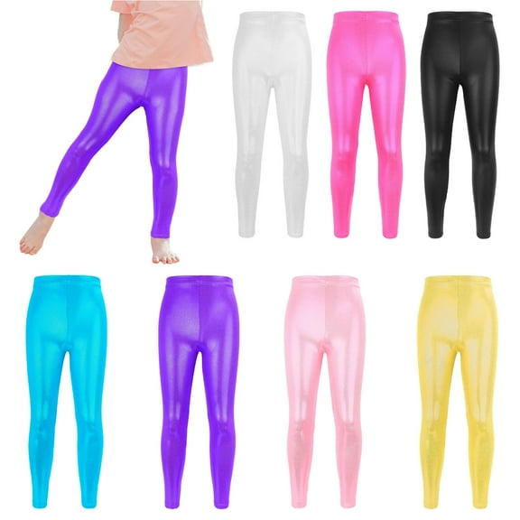 Teyfeniy Kids Girls Faux Leather Leggings Stretchy Long Pants Dancing Workout Athletic Breathable Solid Color High Waist Leggings