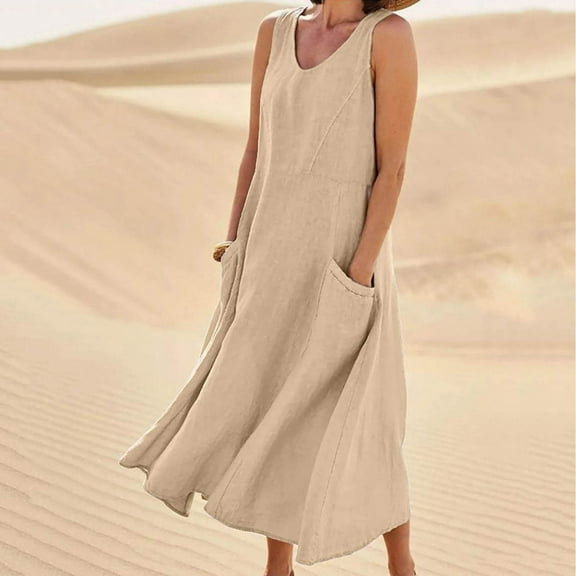 Teyfeniy Linen Vest Dress for Women Summer Crew Neck Sleeveless Sun Dress Holiday Casual Vacation Beach Spring Comfy Maxi Dress Fashion Oversized Loose Outfit