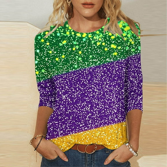 Teyfeniy Mardi Gras Tops for Women Sequin Sparkly Color Matching Long Sleeve Crew Neck Fashion Stylish Casual Carnival Shirts Comfy Fall Spring Blouses