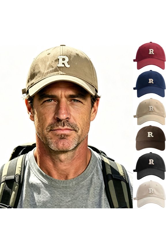 Men Baseball Cap Vintage Letter R Embroidered Soft Crown Solid Curved Brim Casual Sun Hat