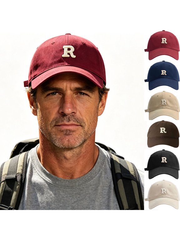 Men Baseball Cap Vintage Letter R Embroidered Soft Crown Solid Curved Brim Casual Sun Hat