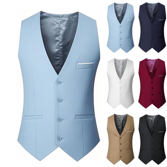 Teyfeniy Men's Classic Dress Vest Waistcoat Formal Business Wedding Prom Tuxedo Suit Slim Casual V Neck Button Down Vest Jacket with Pocket