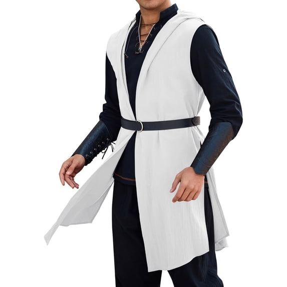Teyfeniy Mens Long Hooded Cardigan Sleeveless Medieval Solid Color Hoodie Shawl Vest Jacket Casual Performance Halloween Costume Vest Tops