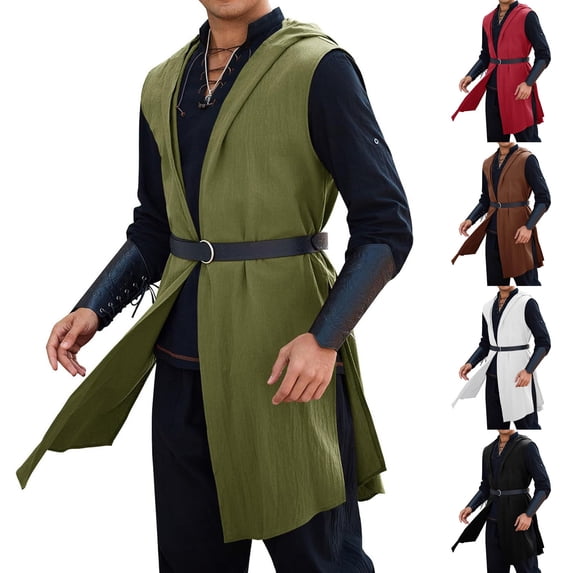 Teyfeniy Mens Long Hooded Cardigan Sleeveless Medieval Solid Color Hoodie Shawl Vest Jacket Casual Performance Halloween Costume Vest Tops