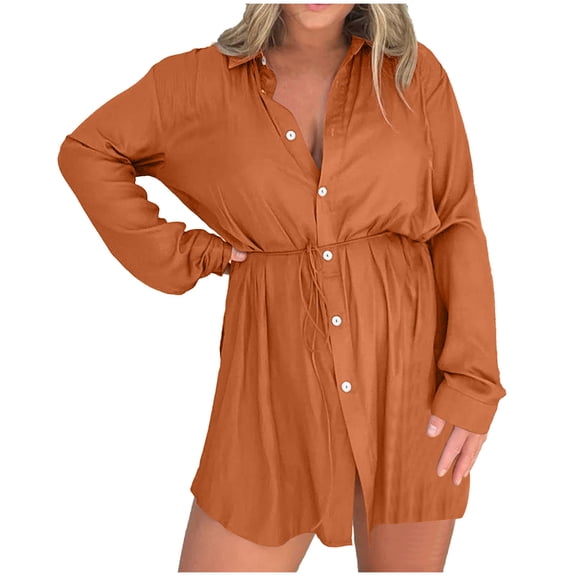 Teyfeniy Oversized Rompers for Women Button Down Shirt Top Shorts Jumpsuits Fall Summer Trendy Outfits Casual Long Sleeve Collered Neck Rompers with Tie