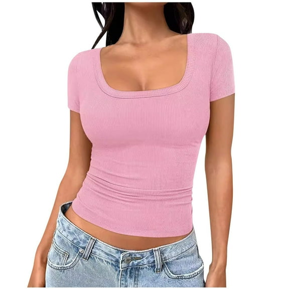 Teyfeniy Pink Women Slim Tops Casual Short Sleeve Shirts Pullover Summer Square Neck Holiday Vacation Loose Lightweight Spring Outfit Soft Blouse Tops