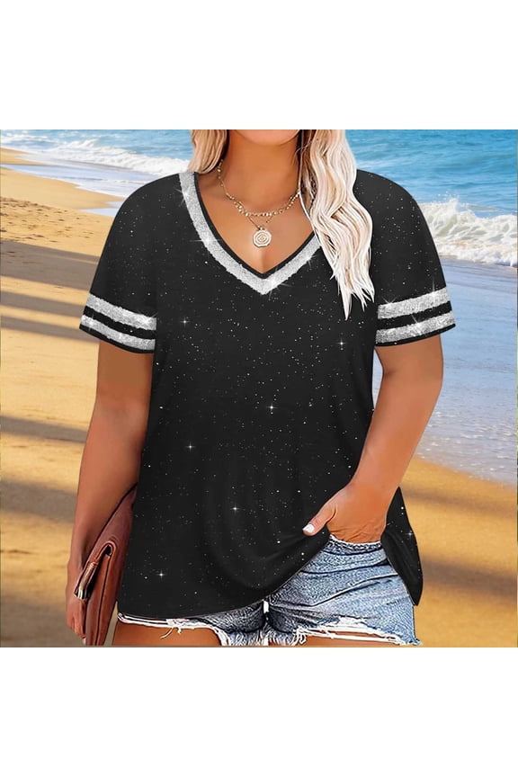 Plus Size Tops for Women Shiny V Neck Short Sleeve Summer Pullover Shirts Lightweight Loose Fashion Sparkly Holiday Vacation Fashion Outfits Casual Comfy Blouses