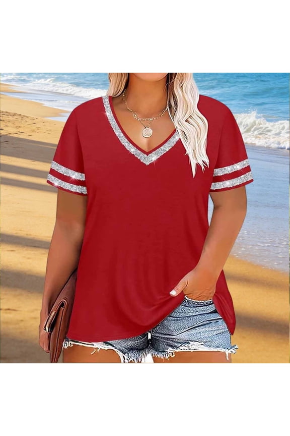 Plus Size Tops for Women Shiny V Neck Short Sleeve Summer Pullover Shirts Lightweight Loose Fashion Sparkly Holiday Vacation Fashion Outfits Casual Comfy Blouses