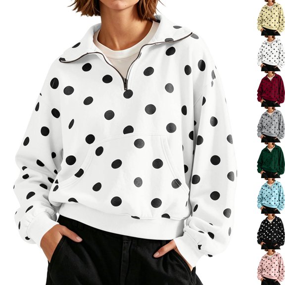 Teyfeniy Polka Dots Sweatshirts for Women Quarter Zipper Long Sleeve Pullover Casual Tops Fall Winter Fashion Stylish Shirts Going out Holiday Vacation Tops Casual Comfy Soft Blouses
