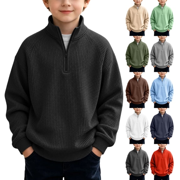 Teyfeniy Quarter Zipper Sweatshirts for Boys and Girls Waffle Knit Loose Long Sleeve Pullover Tops Fall Winter Loungewear Going out Outdoor Activity Shirts Casual Comfy Soft Blouses