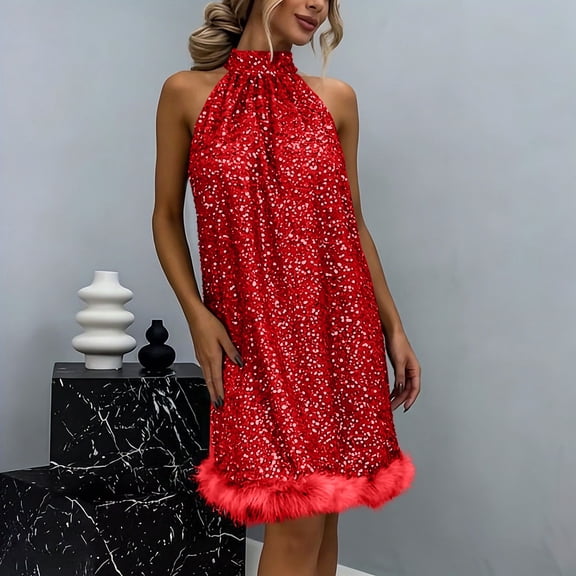 Teyfeniy Red Women Sequin Dresses Summer Spring Crew Neck Sleeveless Midi Dress with Fur Hem Going Out Cocktail Party Evening Fashion Outfit Solid Color Comfy Dresses