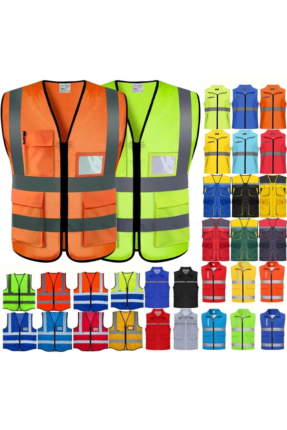 Reflective Mesh Safety vests for Men Women with 5 Pockets and Zipper Front High Visibility Mesh vests High Visibility Construction Work vests