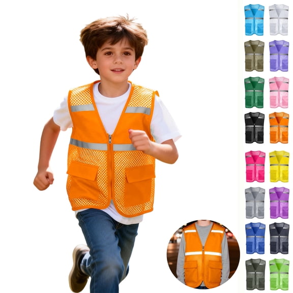 Teyfeniy Safety Vests for Kids Teens Reflective High Visibility Mesh Cargo Jackets with Pockets Breathable Zip up V Neck Lightweight Vests for Running Cycling School Zones Night Play