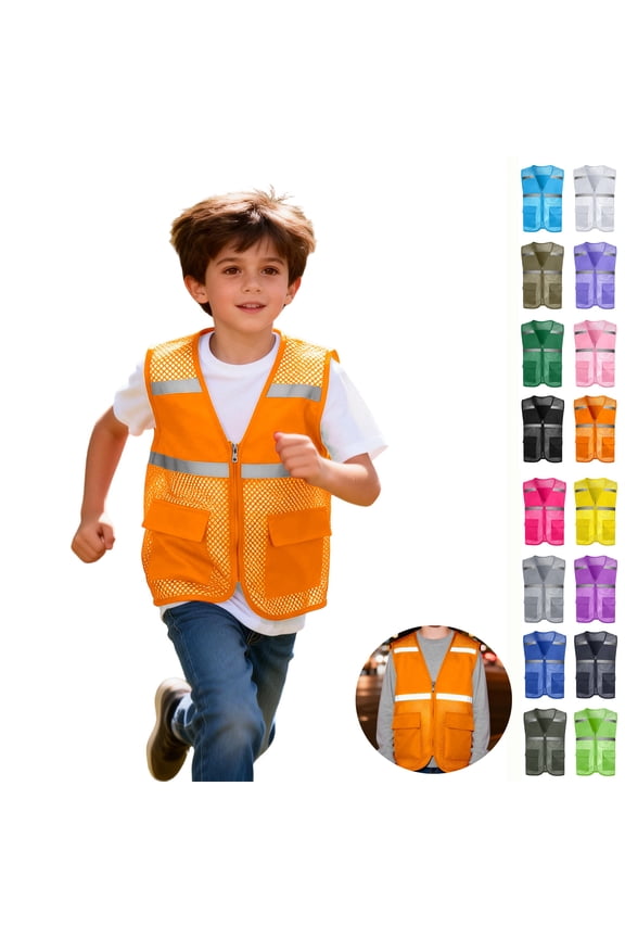 Safety Vests for Kids Teens Reflective High Visibility Mesh Cargo Jackets with Pockets Breathable Zip up V Neck Lightweight Vests for Running Cycling School Zones Night Play