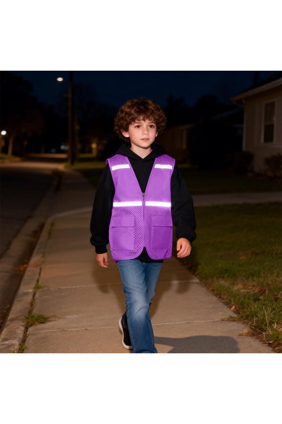 Safety Vests for Kids Teens Reflective High Visibility Mesh Cargo Jackets with Pockets Breathable Zip up V Neck Lightweight Vests for Running Cycling School Zones Night Play