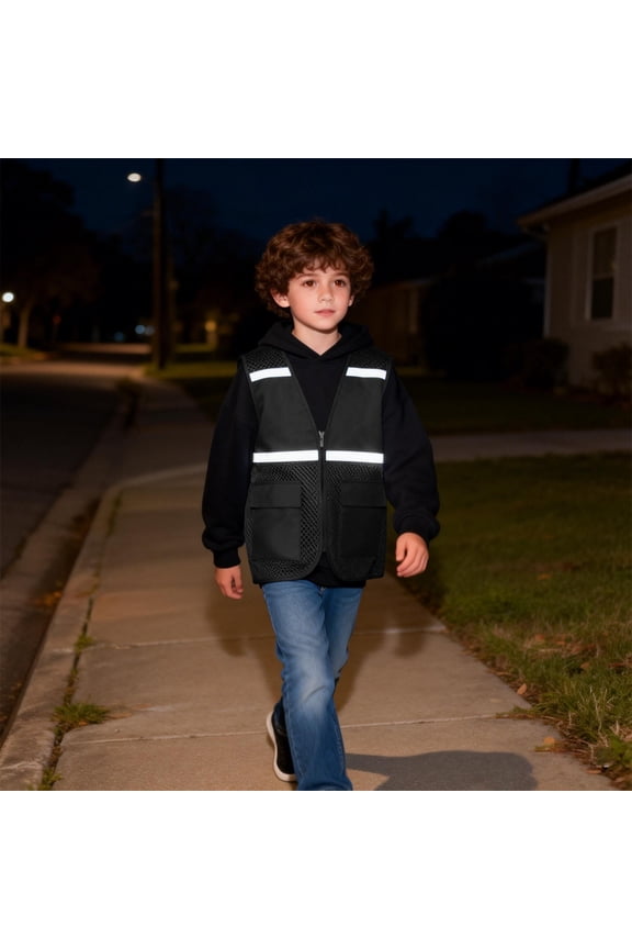 Safety Vests for Kids Teens Reflective High Visibility Mesh Cargo Jackets with Pockets Breathable Zip up V Neck Lightweight Vests for Running Cycling School Zones Night Play