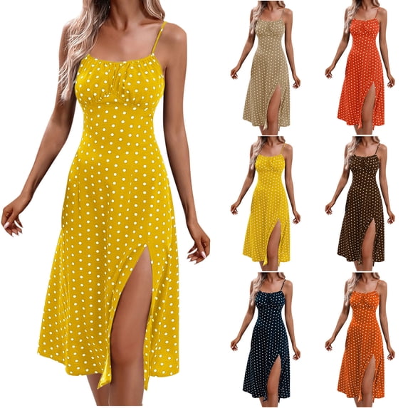 Teyfeniy Summer Polka Dot Dress for Women Halter Square Neck Sleeveless Dress with Graphic Holiday Casual Vacation Beach Sun Comfy Maxi Dress Fashion Outfit