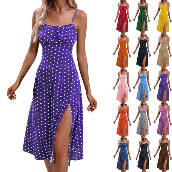 Teyfeniy Summer Polka Dot Dress for Women Spaghetti Straps Side Slit Square Neck Sleeveless Dress with Graphic Holiday Casual Vacation Beach Sun Comfy Maxi Dress Fashion Outfit