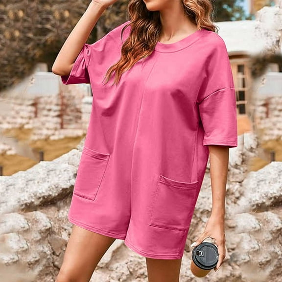 Teyfeniy Summer Short Rompers for Women Short Sleeve Oversized T-shirt Athletic Workout Romper Baggy Casual Jumpsuit Outfits with Pockets