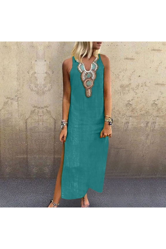 Summer Sleeveless Dress for Women Casual Fashion V Neck Dress Going Out Holiday Vacation Outfit Maxi Long Dress
