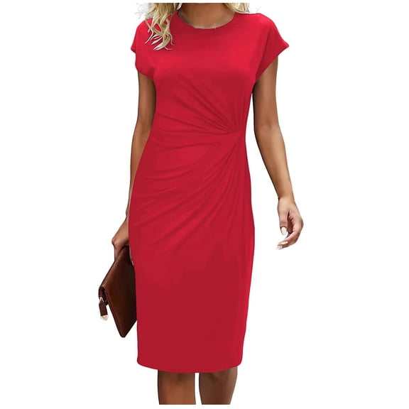 Teyfeniy Summer Work Dress for Women Crew Neck Dress Fashion Casual Short Sleeve Going Out Faux Wrap Fashion Work Office Business Outfit Midi Slim Dress