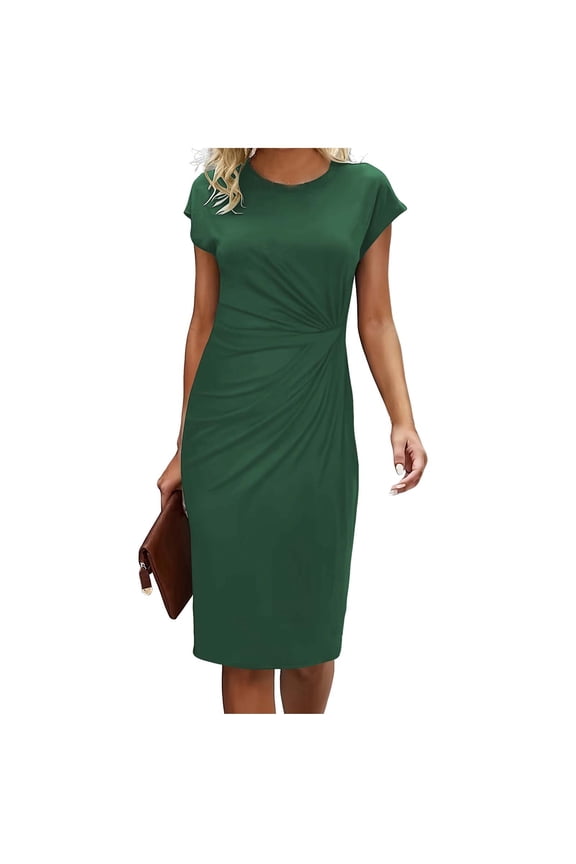 Summer Work Dress for Women Crew Neck Dress Fashion Casual Short Sleeve Going Out Faux Wrap Fashion Work Office Business Outfit Midi Slim Dress