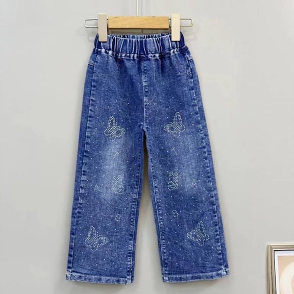 Teyfeniy Toddler Girls Jean for Kids Denim Pants with Graphic and Pockets Elastic Waist Sraight Leg Solid Color Spring Fall Casual Going Out Cool Cute Fashion Comfy Stylish Outfit for Kids