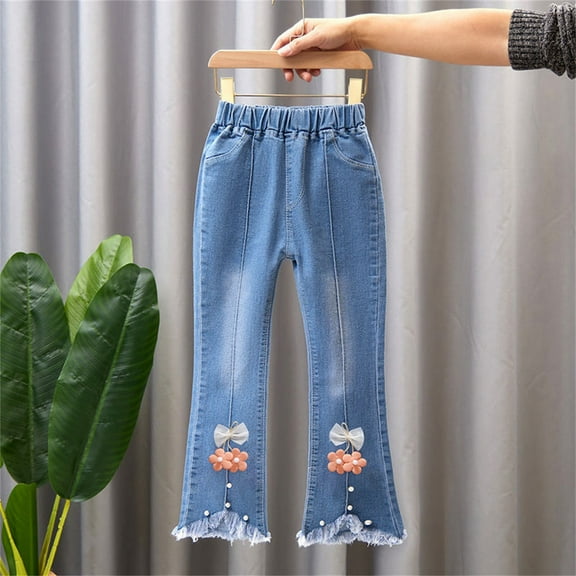 Teyfeniy Toddlers Flare Jean for Girls Denim Pants with Pockets and Dec Elastic High Waist Solid Color Spring Fall Casual Going Out Cool Cute Fashion Comfy Stylish Outfit for Kids