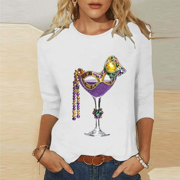 Teyfeniy Tops for Women Graphic Mardi Gras Long Sleeve Crew Neck Fashion Stylish Casual Carnival Shirts Comfy Fall Spring Blouses