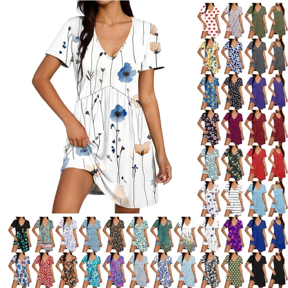 Teyfeniy Trendy Dresses for Women Summer Printed Short Sleeve V Neck Midi Dress Casual Pleated Comfy Soft Fashion Flowy Loungewear Going out Outfits
