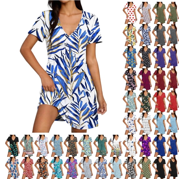 Teyfeniy Trendy Dresses for Women Summer Printed Short Sleeve V Neck Midi Dress Casual Pleated Comfy Soft Fashion Flowy Loungewear Going out Outfits