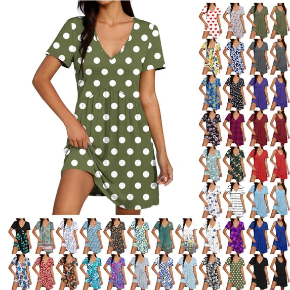 Teyfeniy Trendy Dresses for Women Summer Printed Short Sleeve V Neck Midi Dress Casual Pleated Comfy Soft Fashion Flowy Loungewear Going out Outfits
