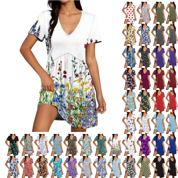 Teyfeniy Trendy Dresses for Women Summer Printed Short Sleeve V Neck Midi Dress Casual Pleated Comfy Soft Fashion Flowy Loungewear Going out Outfits