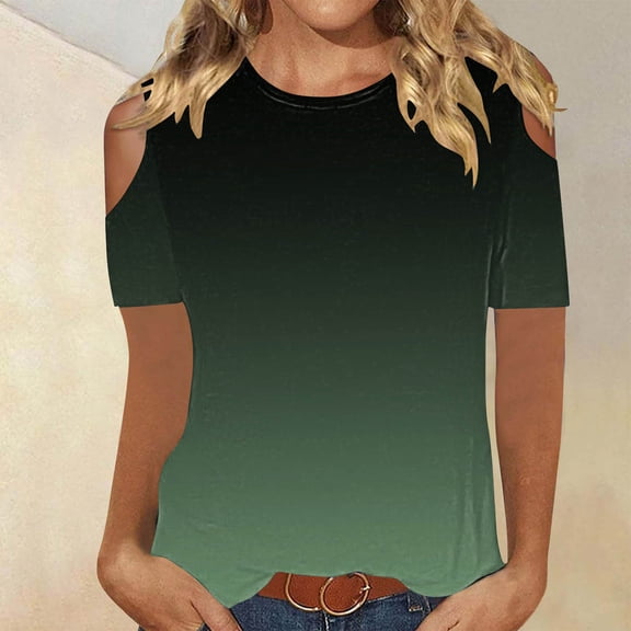 Teyfeniy Trendy Tops for Women Gradient Color Shirts Crew Neck Summer Short Sleeve Pullover Spring Lightweight Comfy Going Out Holiday Vacation Outfit Blouse Tops