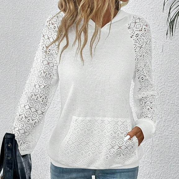 Teyfeniy White Women's Lace Sweatshirts Hollow Out Long Sleeve and Pocket Solid Color Hoodies Fall Winter Tops Casual Fashion Blouses Shirts