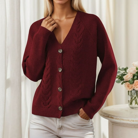 Teyfeniy Wine Womens V Neck Cardigan Sweater Solid Color Button Down Fashion Cable Knit Cardigan Fall Winter Casual Comfy Sofy Stylish Long Sleeve Outweawr Sweater Trendy