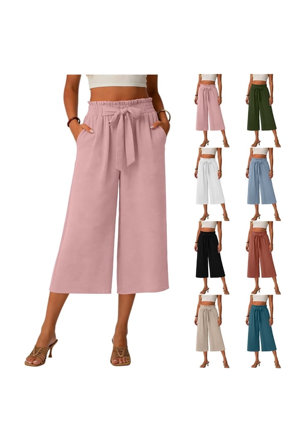 Women Capri Pants Wide Leg Gaucho Pants Loose Elastic Waist Casual Pants with Pockets Summer Comfy Soft Holiday Vacation Lightweight Office Outdoor Trousers