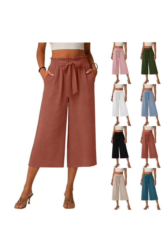 Women Capri Pants Wide Leg Gaucho Pants Loose Elastic Waist Casual Pants with Pockets Summer Comfy Soft Holiday Vacation Lightweight Office Outdoor Trousers