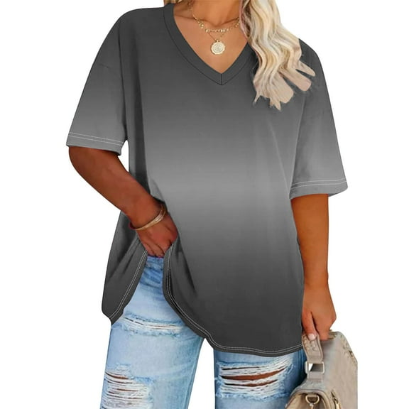 Teyfeniy Women Fashion Tops Gradient Color Shirts Pullover Short Sleeve Summer Casual V Neck Holiday Vacation Lightweight Spring Outfit Comfy Soft Blouse Tops