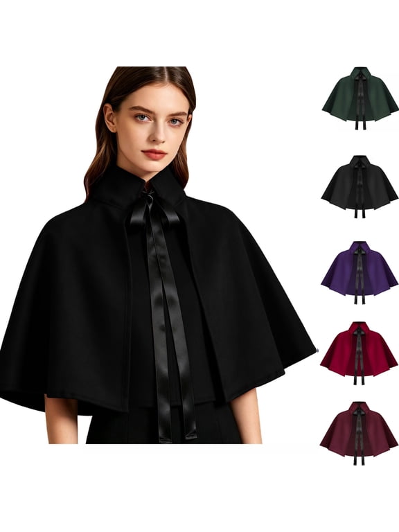 Women Halloween Cape Stand Collar Satin Bow Short Cloak Elegant Warm Cover Up For Halloween Party Performance Photoshoot