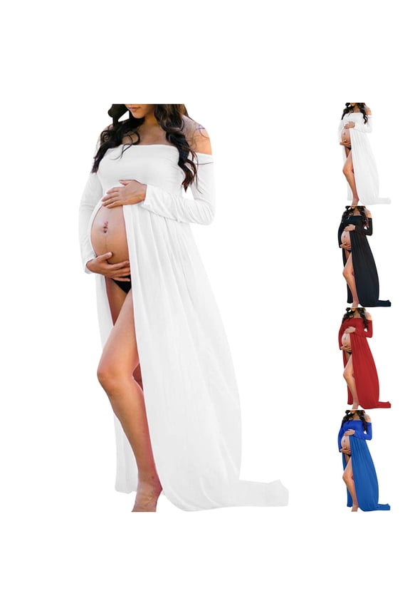 Women Maternity Dress for Photoshoot Off the Shoulder Long Sleeve Solid Color Maxi Dress Pregnancy Fashion Comfy Photography Dress