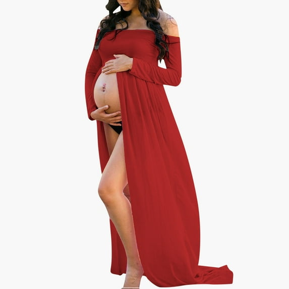 Teyfeniy Women Maternity Dress for Photoshoot Off the Shoulder Long Sleeve Solid Color Maxi Dress Pregnancy Fashion Comfy Photography Dress